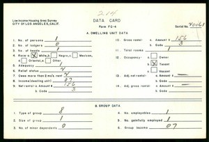 WPA Low income housing area survey data card 214, serial 20061