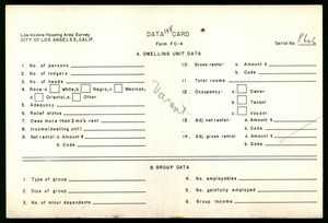 WPA Low income housing area survey data card 148, serial 8606, vacant