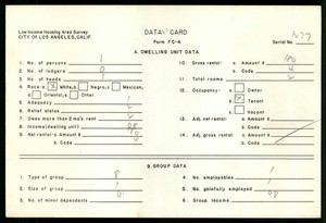 WPA Low income housing area survey data card 21, serial 1277