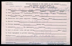 WPA household census employee document for Amelia M. Miller, Los Angeles