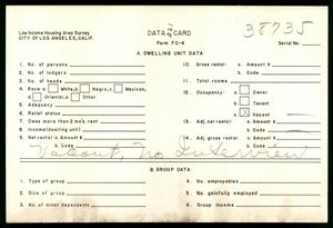 WPA Low income housing area survey data card 221, serial 38735, vacant