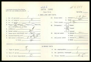 WPA Low income housing area survey data card 226, serial 40111