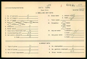 WPA Low income housing area survey data card 50, serial 11647