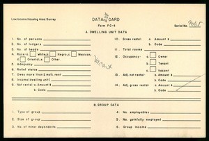 WPA Low income housing area survey data card 238, serial 9065, vacant
