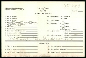 WPA Low income housing area survey data card 221, serial 38729, vacant