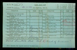 WPA block face card for household census of La Grange, Beloit, Mississippi, Sawtelle Streets, in Los Angeles County