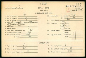 WPA Low income housing area survey data card 120, serial 9574