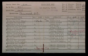 WPA block face card for household census of 92nd, 93rd, San Pedro Streets, in Los Angeles County