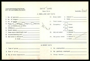 WPA Low income housing area survey data card 142, serial 30038, vacant