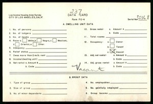 WPA Low income housing area survey data card 237, serial 35368, vacant