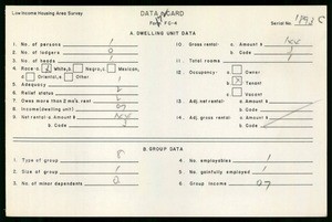 WPA Low income housing area survey data card 172, serial 1893C