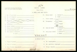 WPA Low income housing area survey data card 166, serial 31070, vacant