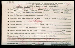 WPA household census employee document for Charles Griffin, Los Angeles