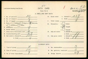 WPA Low income housing area survey data card 40, serial 6954