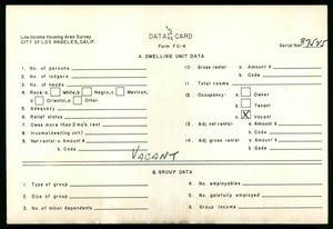 WPA Low income housing area survey data card 225, serial 37525, vacant