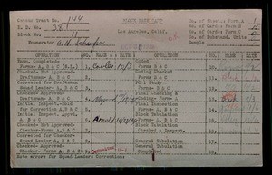 WPA block face card for household census of Sepulveda, Pearl, Sawtelle Streets, in Los Angeles County