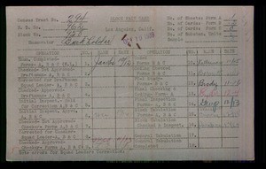 WPA block face card for household census of Barracuda, Harbor Front Streets, in Los Angeles County