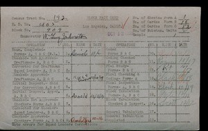 WPA block face card for household census of Paloma, Ocean Front Streets, in Los Angeles County