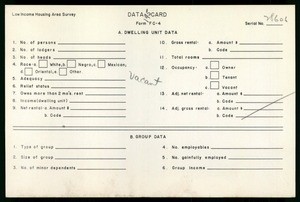WPA Low income housing area survey data card 195, serial 28606, vacant