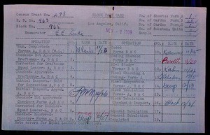 WPA block face card for household census of 13th, Alma, 14th, Leland Streets, in Los Angeles County
