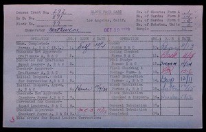 WPA block face card for household census of Lakme Street, in Los Angeles County