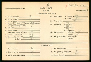 WPA Low income housing area survey data card 50, serial 11616
