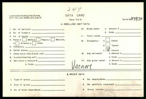 WPA Low income housing area survey data card 249, serial 22970, vacant
