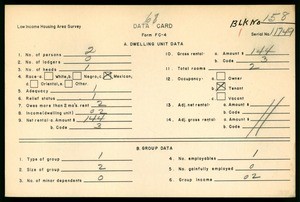 WPA Low income housing area survey data card 68, serial 11749