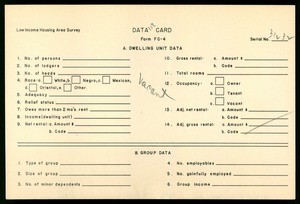 WPA Low income housing area survey data card 156, serial 31232, vacant