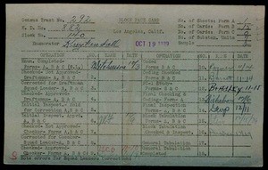 WPA block face card for household census of Cruces, Watson, O, Sanford Streets, in Los Angeles County