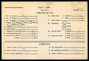 WPA Low income housing area survey data card 133, serial 12840
