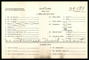 WPA Low income housing area survey data card 191, serial 39181, vacant