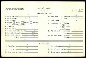 WPA Low income housing area survey data card 16, serial 339
