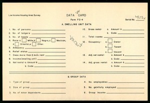 WPA Low income housing area survey data card 152, serial 29564, vacant