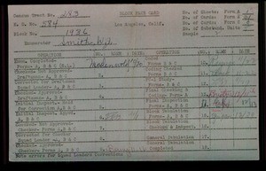 WPA block face card for household census of 106th, 107th, Wadsworth Streets, in Los Angeles County