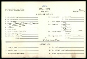 WPA Low income housing area survey data card 244, serial 38002, vacant