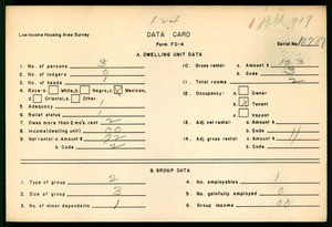 WPA Low income housing area survey data card 124, serial 12737