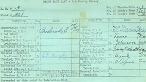 WPA block face card for household census of Whittier, Gage, Eastman Streets in Los Angeles County (East Los Angeles)