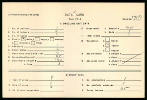 WPA Low income housing area survey data card 152, serial 27580