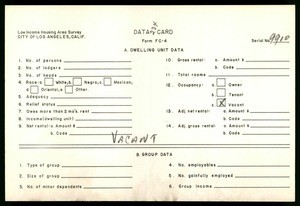 WPA Low income housing area survey data card 234, serial 9910, vacant