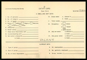 WPA Low income housing area survey data card 163, serial 17806, vacant