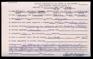 WPA household census employee document for Arthur H. Wegel, Los Angeles