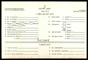 WPA Low income housing area survey data card 228, serial 27397, vacant