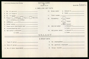 WPA Low income housing area survey data card 188, serial 32006, vacant