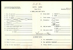 WPA Low income housing area survey data card 252, serial 33011, vacant