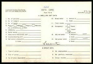 WPA Low income housing area survey data card 244, serial 37171, vacant