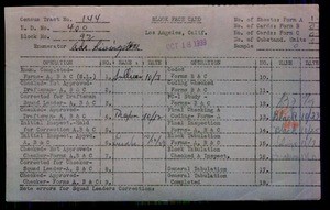 WPA block face card for household census (block 92) in Los Angeles County