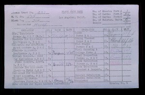 WPA block face card for household census of 45th, 46th, Gramercy Streets, in Los Angeles County