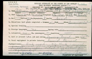 WPA household census employee document for Parthema Patterson, Los Angeles