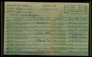 WPA block face card for household census (block 144) of 41st Place, 42nd Place, Dalton, Denker Streets, in Los Angeles County